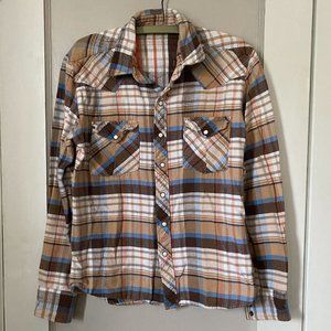 Salt Valley Flannel Western Snap Shirt Tan/Brown/Blue M